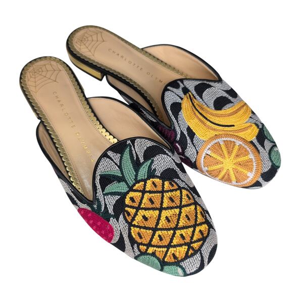 Charlotte Olympia Multicolor Shoes Canvas Fruit Embroidery Flat Mule 38 US 7.5-8 - Picture 1 of 9